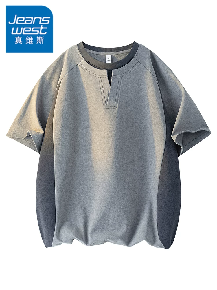 Áo thun cổ tròn giả hai mảnh phong cách Mỹ của Jeanswest dành cho nam, dáng rộng mùa hè, cảm giác cao cấp, thoáng khí, áo ngắn tay thân thiện với làn da.