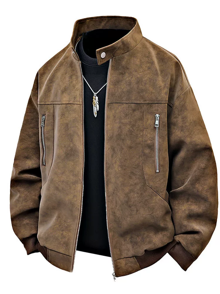 Áo khoác da cổ đứng thương hiệu thời trang cổ điển Mỹ của Jeanswest dành cho nam, áo khoác ngoài rộng rãi, đa năng, cỡ lớn, phong cách thường ngày cho mùa xuân và mùa thu.