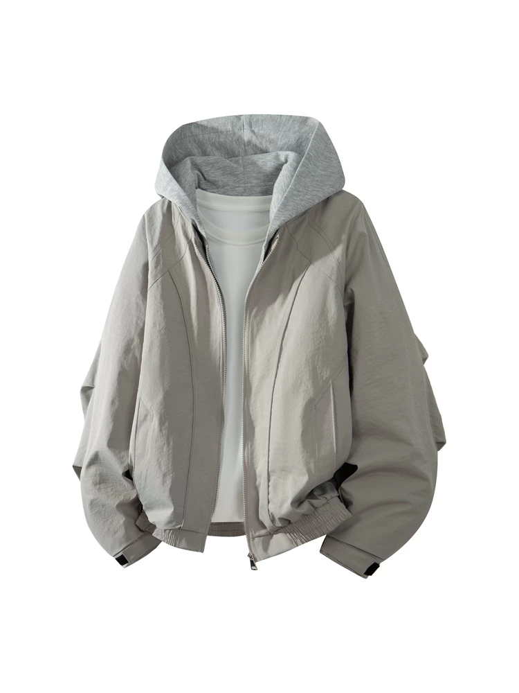 Áo khoác có mũ giả hai lớp cao cấp của Jeanswest dành cho nam, áo khoác màu đen thời trang phong cách Mỹ dáng rộng mùa xuân thu.