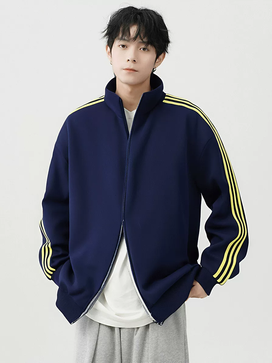 Áo len cardigan cổ đứng Jeanswest dành cho nam, áo khoác thường ngày mùa xuân, thương hiệu thời thượng dành cho thanh thiếu niên, áo khoác chắp vá ba sọc.