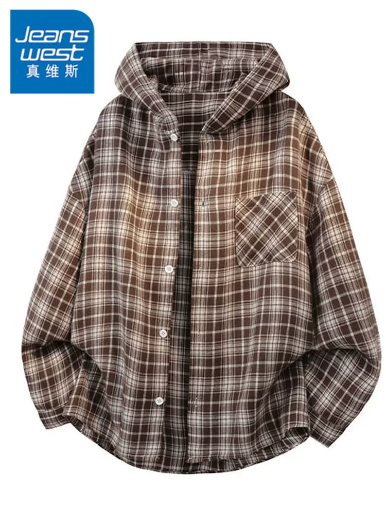 Áo sơ mi kẻ sọc có mũ trùm đầu phong cách retro của Jeanswest dành cho nam, mùa xuân thu, phong cách Mỹ, cao cấp, dáng rộng, giản dị, đa năng.