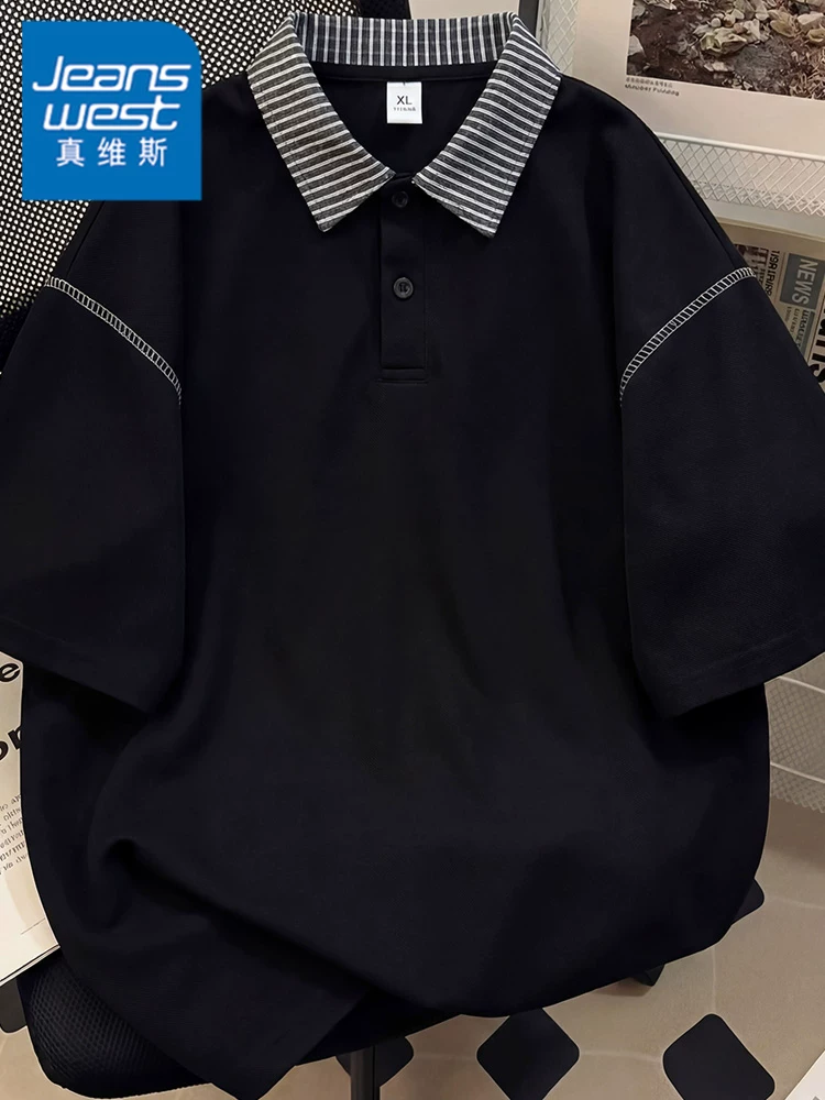 Áo polo nam Jeanswest kiểu Mỹ, phối màu sọc, dáng rộng mùa hè, chất liệu cao cấp thoáng khí.
