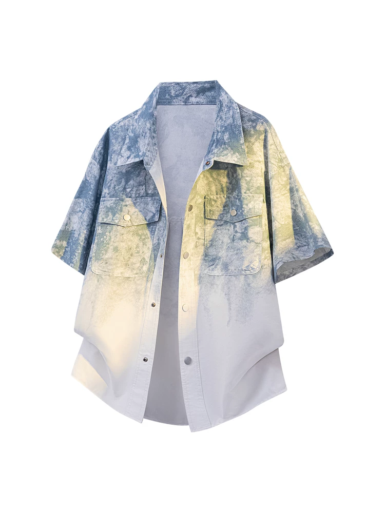 Áo sơ mi ngắn tay cổ bẻ nhuộm màu gradient phong cách Mỹ của Jeanswest dành cho nam, áo mùa hè cao cấp dáng rộng thoải mái.