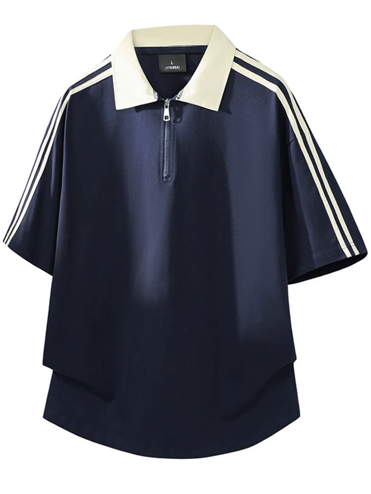Áo thun nam Jeanswest 100% cotton nguyên chất, kẻ sọc phối màu, cổ trụ, nửa khóa kéo, thời trang mùa hè, thoáng khí, tay ngắn.