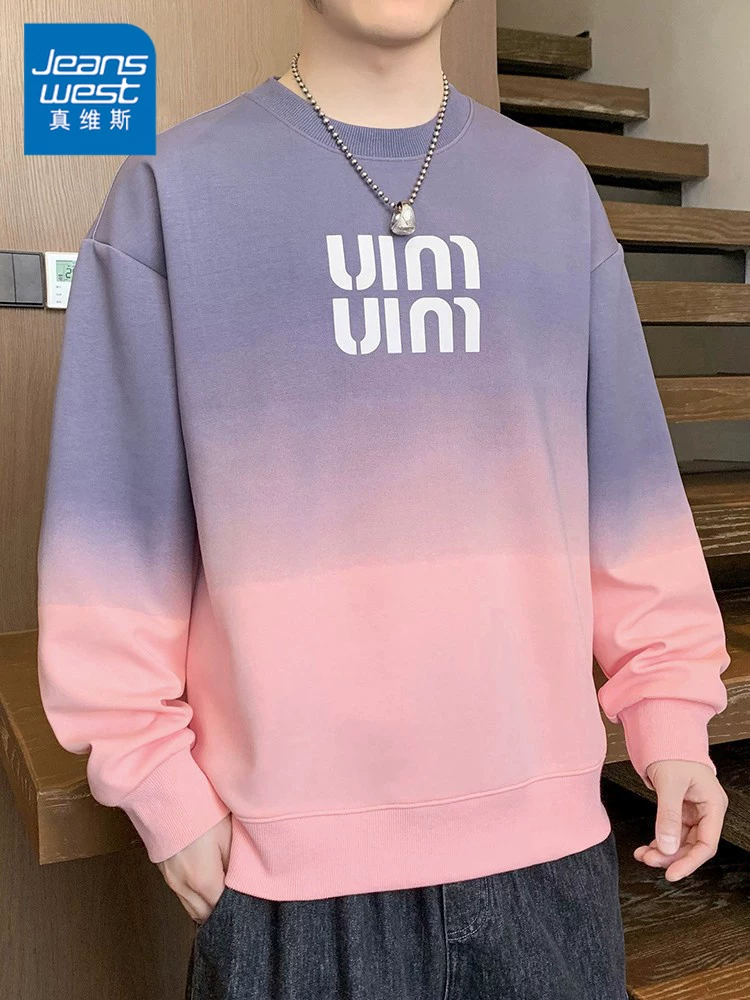 Áo nỉ cổ tròn in chữ màu gradient của Jeanswest dành cho nam, mùa xuân, phong cách Mỹ hợp thời trang, áo dáng rộng không mũ.