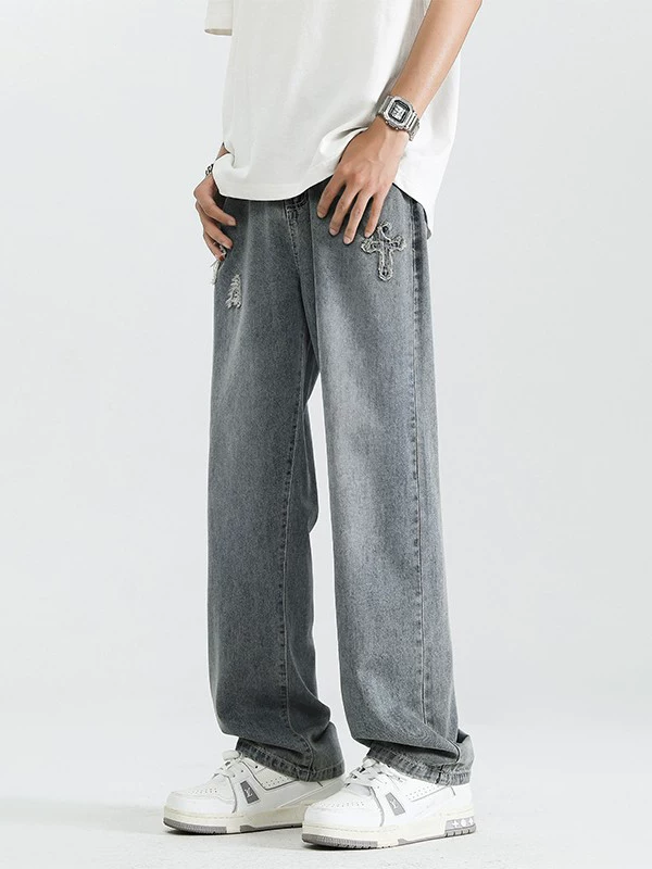 Quần jeans nam kiểu Mỹ màu xanh retro của Jeanswest, quần ống rộng rách thời trang mỏng mùa hè, dáng thẳng, rộng rãi.
