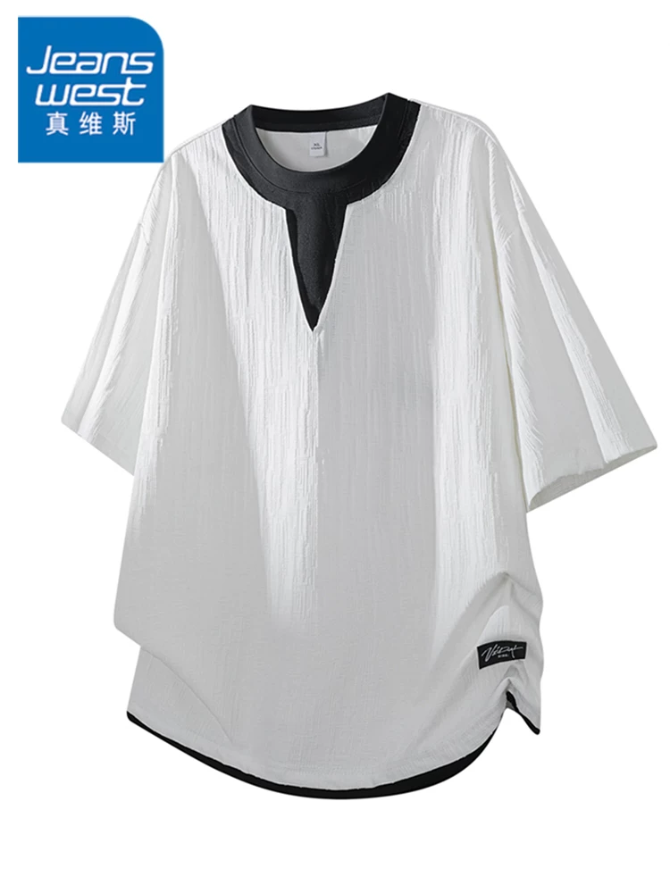 Áo thun cổ tròn giả hai mảnh phong cách Mỹ của Jeanswest dành cho nam, thương hiệu thời trang cao cấp mùa hè, áo kiểu dáng rộng rãi, thoáng khí.
