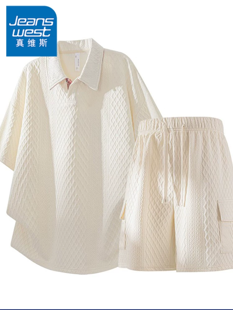 Bộ áo polo ngắn tay chất liệu lụa băng dệt vân của Jeanswest dành cho nam, kiểu dáng mỏng mùa hè, bộ hai món thể thao mát mẻ và năng động