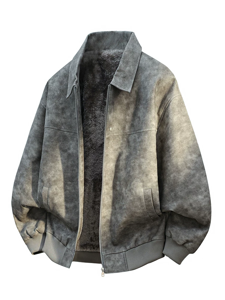 Áo khoác da phong cách retro Mỹ của Jeanswest dành cho nam, áo khoác dày lót lông cừu mùa đông, size lớn.