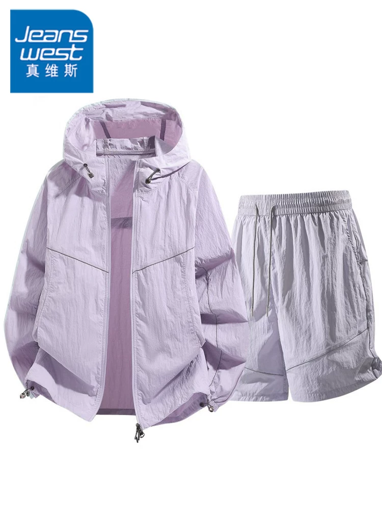 Bộ quần áo chống nắng ngoài trời bằng vải lụa băng của Jeanswest dành cho nam, kiểu dáng mỏng nhẹ, thoáng khí mùa hè, bộ hai mảnh UPF100+