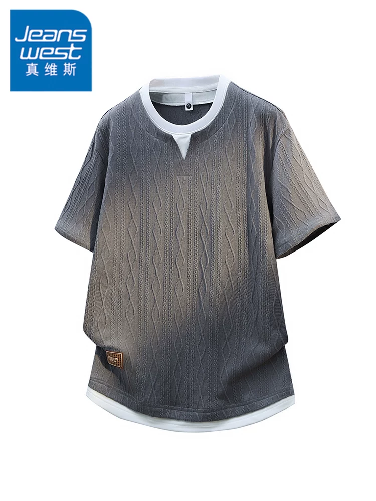 Áo thun nam chất liệu jacquard giả hai lớp phong cách Mỹ của Jeanswest, dáng rộng mùa hè, thương hiệu thời thượng, thoáng khí, thân thiện với làn da, tay ngắn.