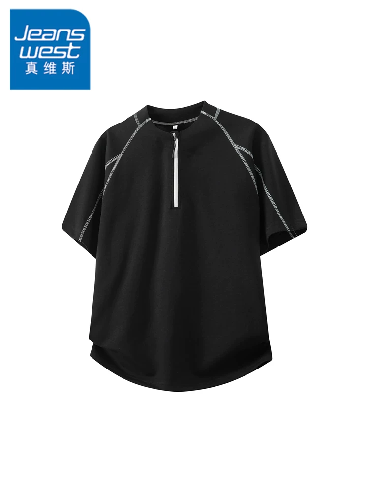 Áo thun nam cổ tròn nửa khóa kéo phong cách Mỹ của Jeanswest, tay ngắn thoáng khí, thời trang cao cấp mùa hè.