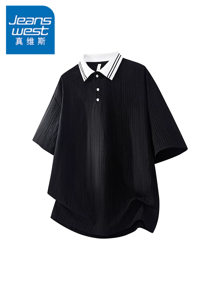 Áo polo kẻ sọc phối màu phong cách Mỹ của Jeanswest dành cho nam, kiểu dáng rộng rãi mùa hè, cảm giác cao cấp, mát mẻ và thoáng khí, tay ngắn thân thiện với làn da.