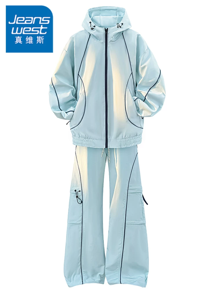 Bộ áo khoác thể thao ngoài trời có mũ trùm đầu của Jeanswest dành cho nam, mùa xuân và mùa thu, thương hiệu thời trang cao cấp, bộ đồ rộng rãi thoải mái.