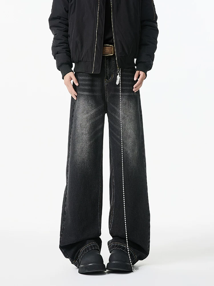 Quần jeans đen rách gối dáng rộng dành cho nam, mùa xuân thu, quần dài kiểu Mỹ cao cấp, dáng suông rộng.
