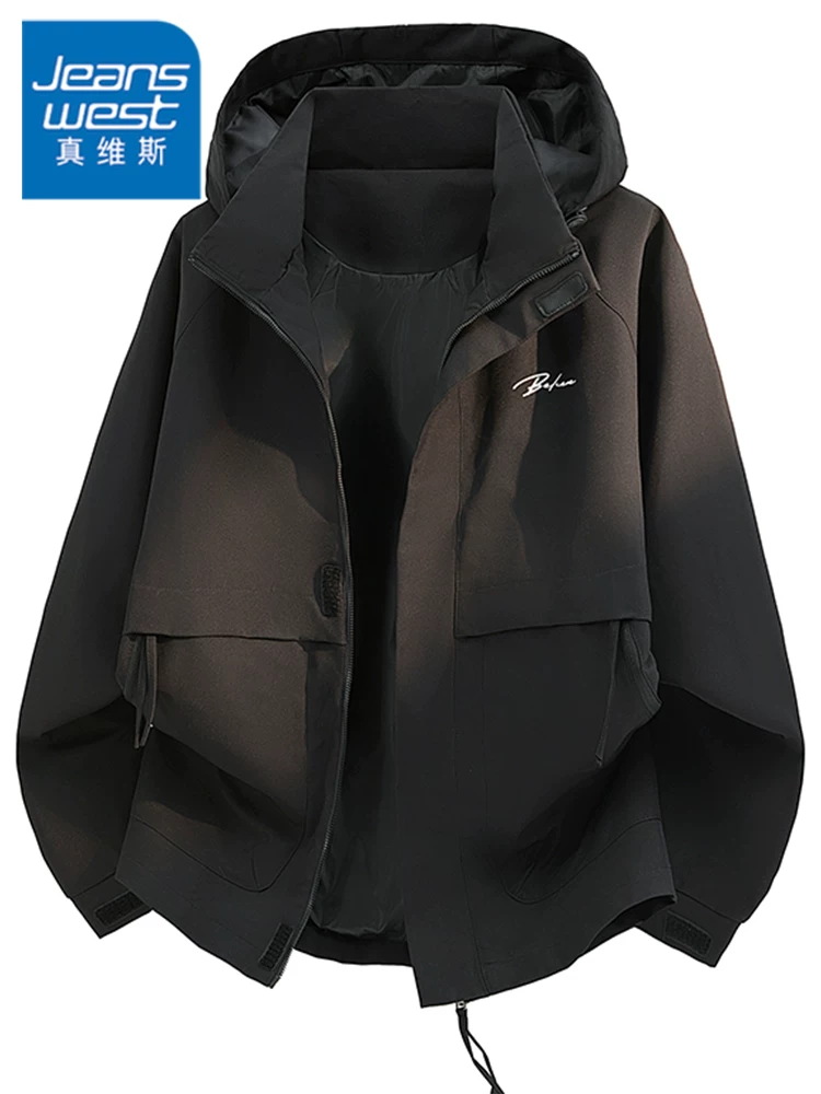 Áo khoác có mũ trùm đầu kiểu Mỹ thời thượng của Jeanswest dành cho nam, mùa xuân thu, kiểu dáng rộng rãi cao cấp, chống gió, áo khoác mát mẻ và sành điệu.