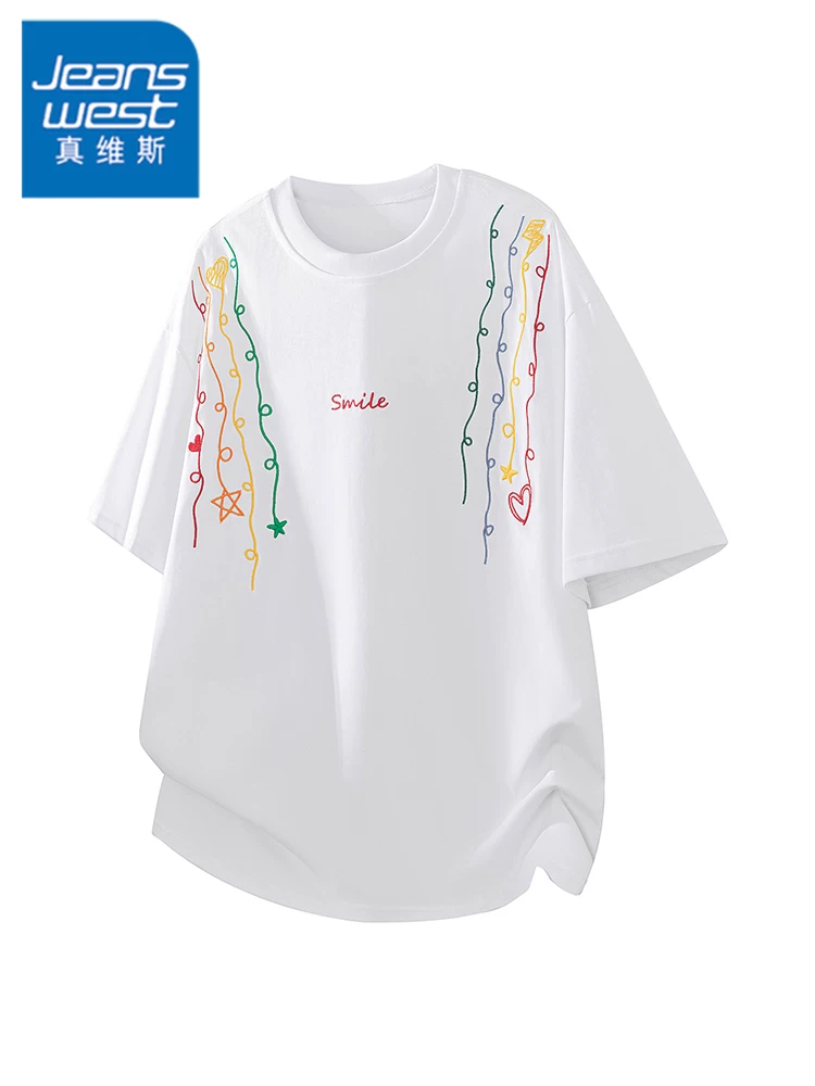 Áo thun nam cổ tròn thêu 100% cotton của Jeanswest, thương hiệu thời trang cao cấp mùa xuân hè, dáng rộng và đa năng, áo kiểu sành điệu.