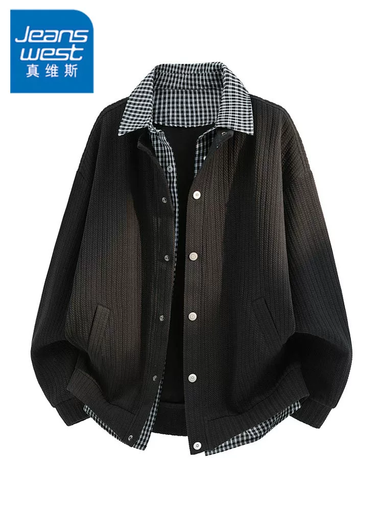 Áo khoác kẻ sọc giả hai mảnh phong cách Mỹ của Jeanswest dành cho nam, kiểu dáng rộng rãi và sành điệu, áo đa năng cho mùa xuân và mùa thu.