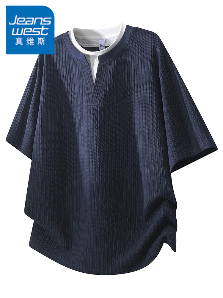 Áo thun cổ tròn giả hai mảnh của Jeanswest dành cho nam, thương hiệu thời trang cao cấp mùa hè, tay ngắn thoáng khí, thân thiện với làn da.