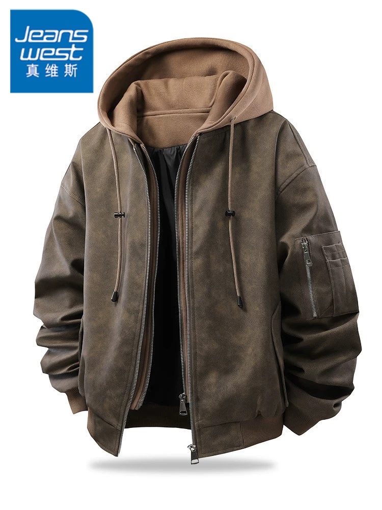 Áo khoác giả hai lớp có mũ trùm đầu phong cách retro Mỹ của Jeanswest dành cho nam, áo khoác ngoài đa năng hợp thời trang kiểu dáng rách rưới mùa xuân.