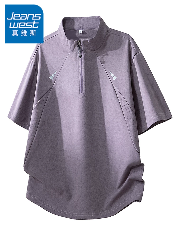 Áo thun nam Jeanswest Ice Silk nửa khóa kéo phối màu, kiểu dáng rộng rãi mùa hè, chất liệu cao cấp, thoáng khí, nhanh khô, tay ngắn thể thao.