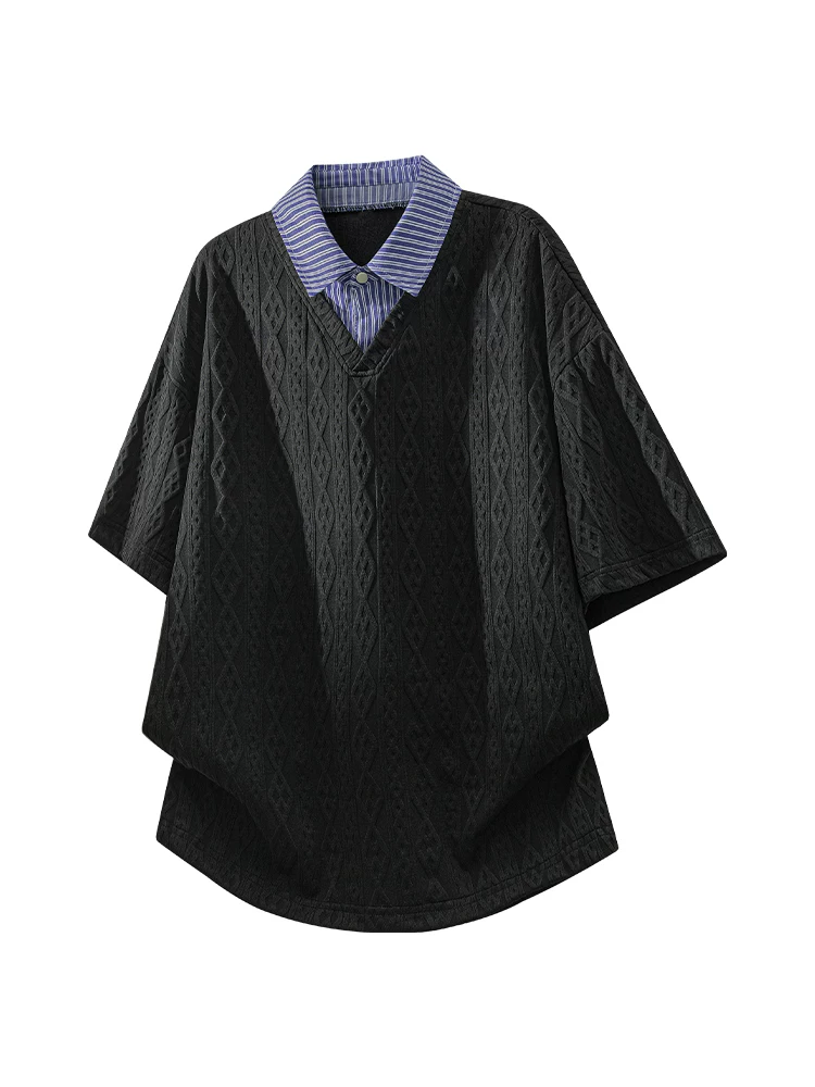 Áo thun nam Jeanswest kiểu Mỹ, phối màu jacquard sọc, dáng rộng mùa hè, thiết kế giả hai lớp, thoáng khí, thân thiện với làn da, tay ngắn.