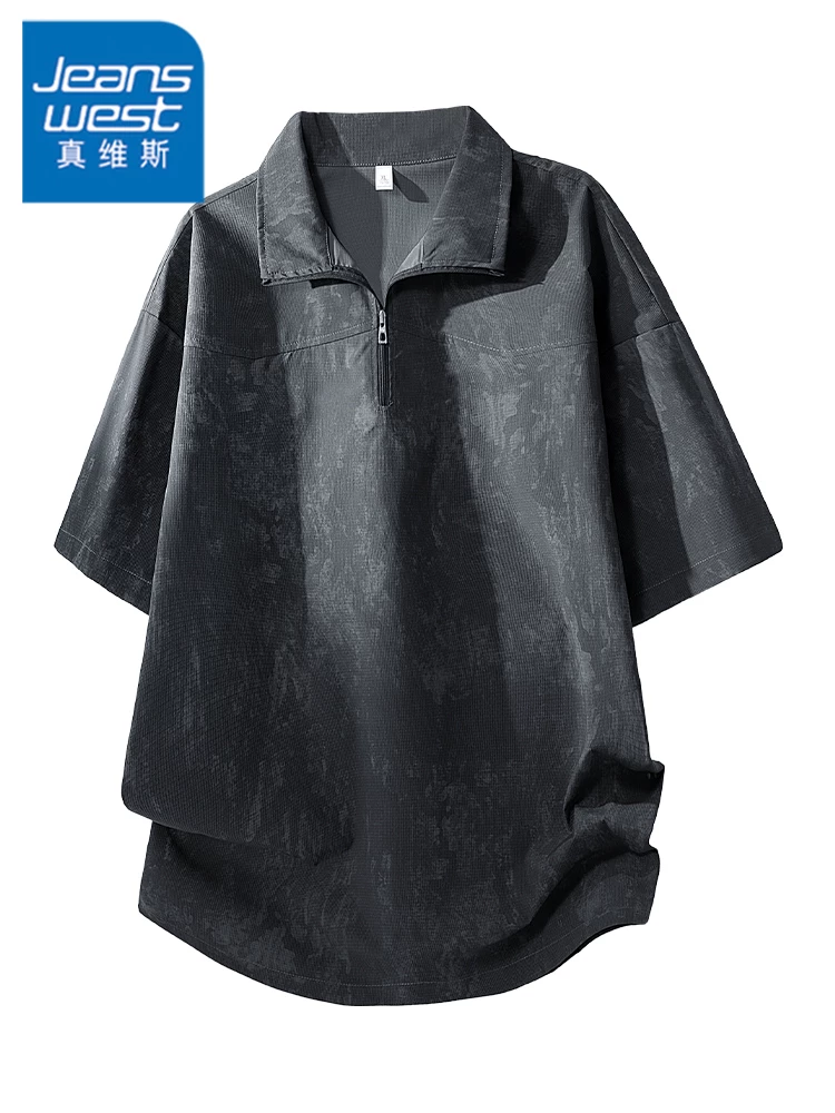 Áo thun nam kiểu Mỹ có cổ, nửa khóa kéo, phong cách thường ngày của Jeanswest, mùa xuân hè, tay áo năm phần tư, cảm giác cao cấp, tay áo ngắn rộng rãi.