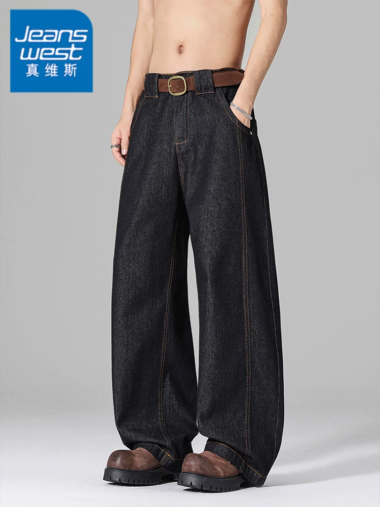 Quần jeans ống rộng màu đỏ viền đỏ của Jeanswest dành cho nam, quần dài dáng rộng cao cấp mùa hè.