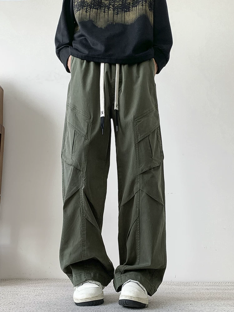 Quần dài công sở ống đứng 100% cotton nguyên chất màu xanh quân đội của Jeanswest dành cho nam, quần dài thường ngày nhiều túi dáng rộng mùa xuân thu.