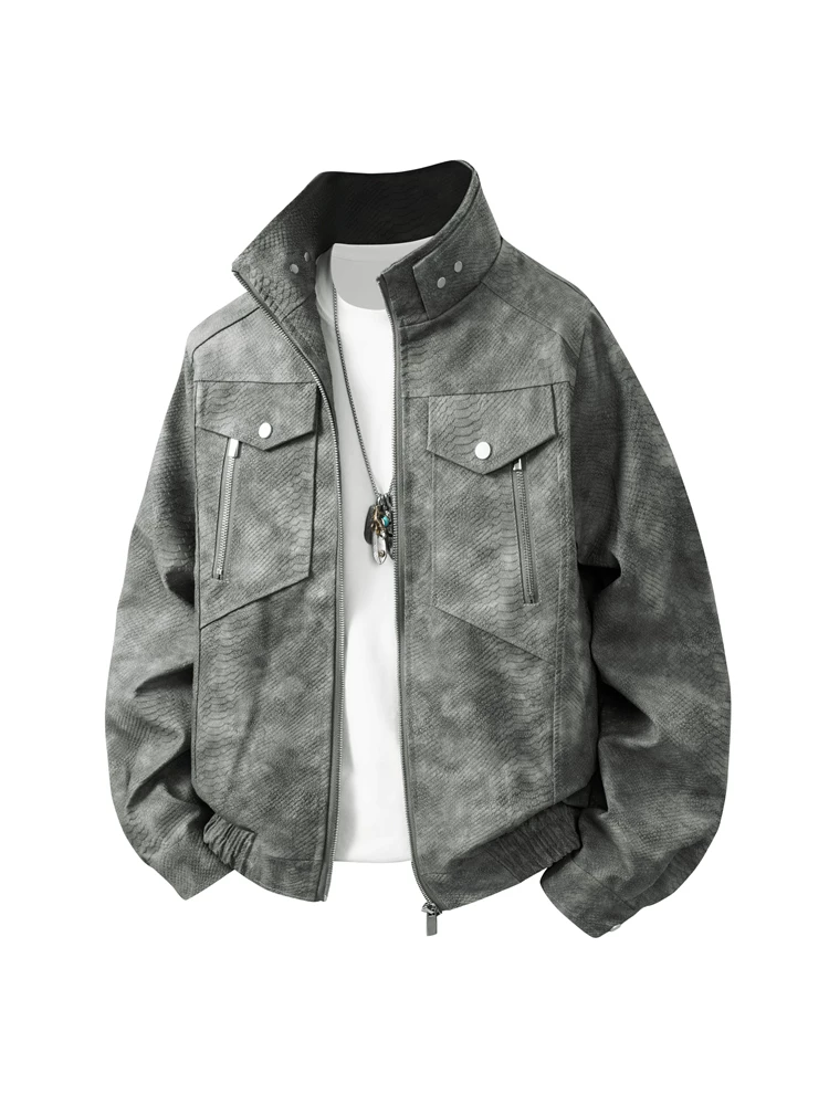 Áo khoác da cổ đứng phong cách retro Mỹ của Jeanswest dành cho nam, phong cách đường phố mùa xuân thu, áo khoác da rộng rãi và cá tính.
