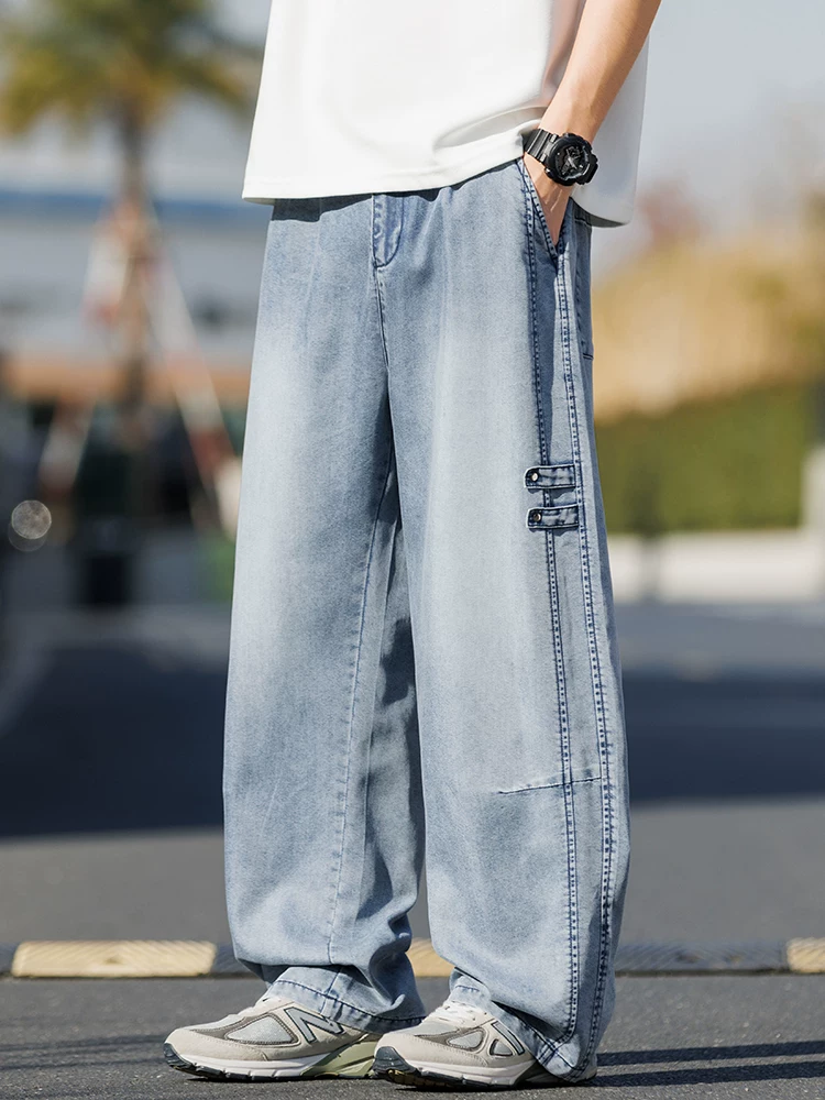 Quần jeanswest ống rộng chất liệu lụa đá lyocell dành cho nam, thương hiệu thời trang mùa hè, quần ống rộng cao cấp phong cách casual.