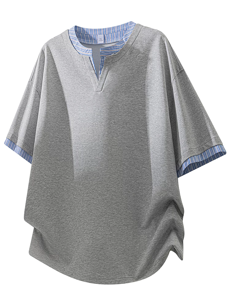 Áo thun giả hai mảnh kiểu Mỹ của Jeanswest dành cho nam, mùa xuân hè, áo màu đen rộng rãi, thoáng khí, phong cách giản dị.