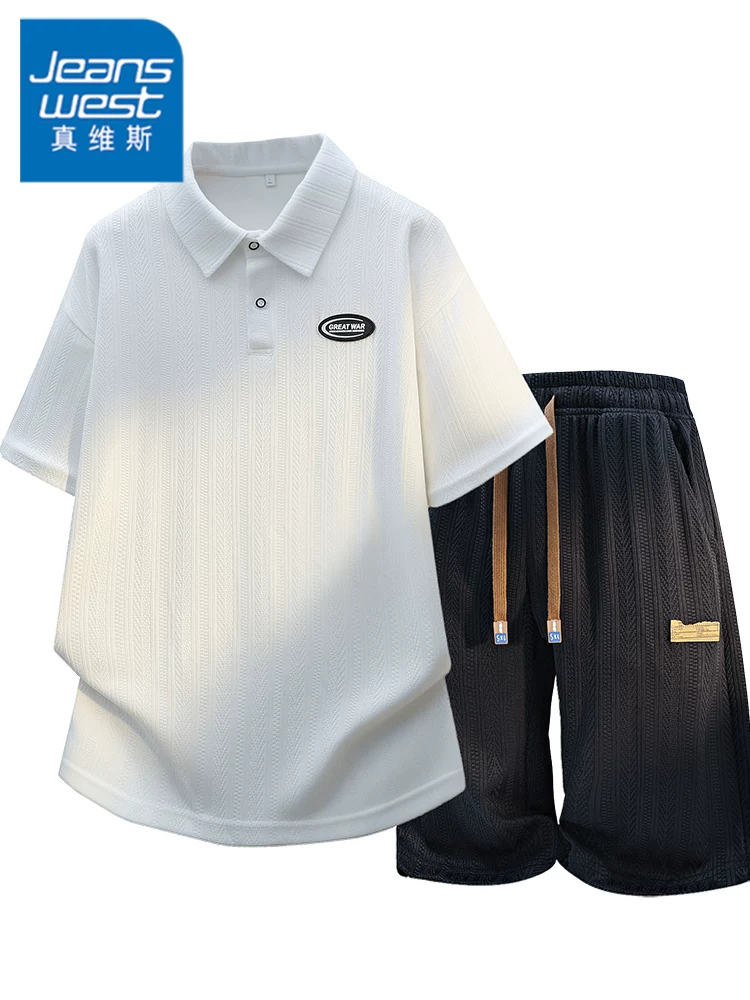 Bộ đồ nam Jeanswest kiểu Mỹ, áo sơ mi ngắn tay phối quần, thiết kế cao cấp, rộng rãi, thời trang, thoáng khí, hai mảnh, mùa hè.