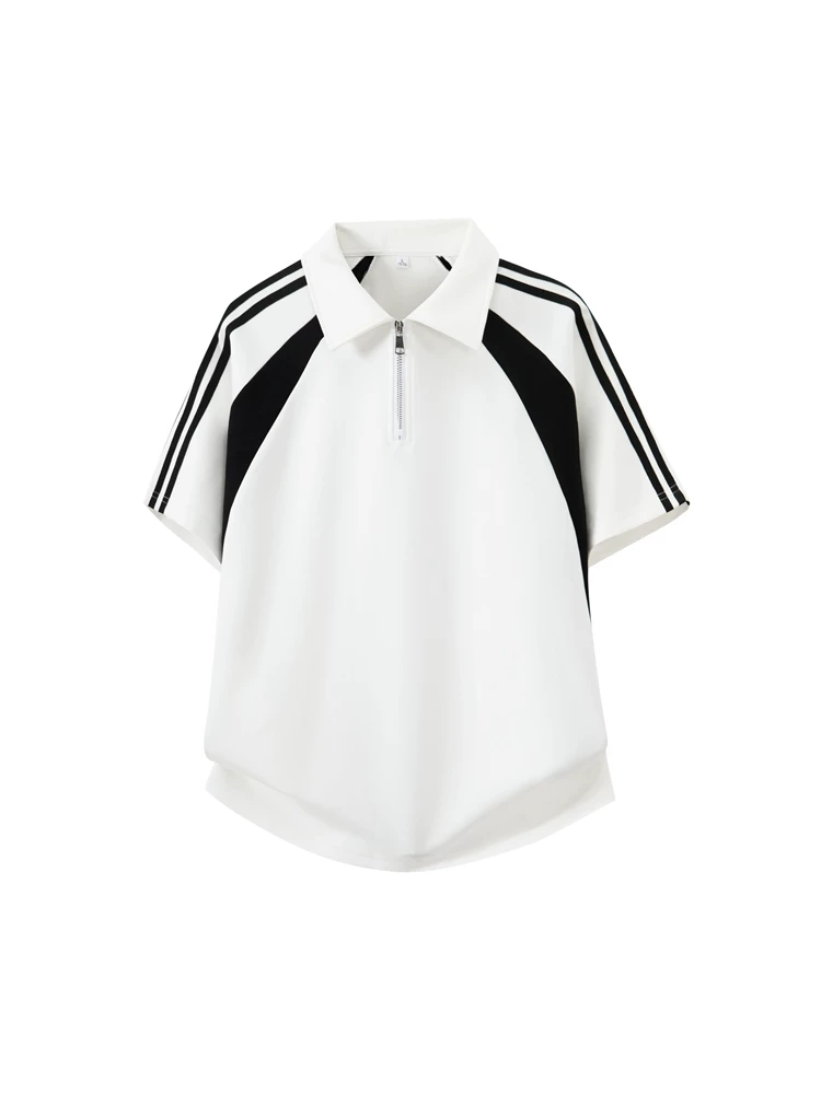 Áo polo nam Jeanswest kiểu Mỹ ba sọc phối màu, khóa kéo nửa thân, áo thun ngắn tay cao cấp thời trang mùa hè, thoáng khí.