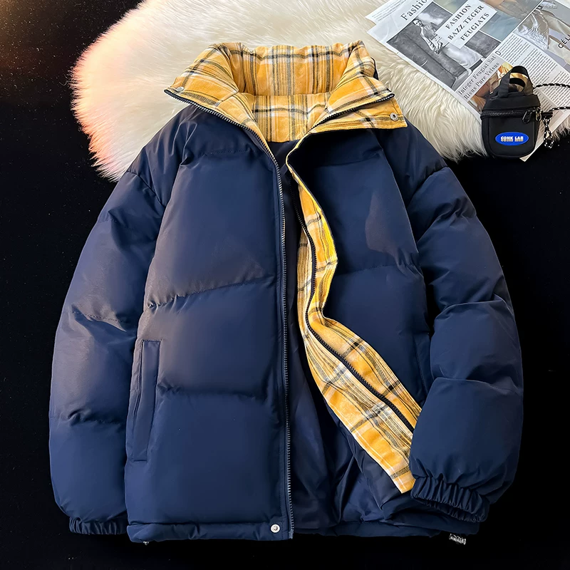 Áo khoác cotton cổ đứng kẻ sọc phối màu của Jeanswest dành cho nam, áo khoác cotton dày mùa đông, áo khoác phao, áo khoác ngoài bằng cotton.