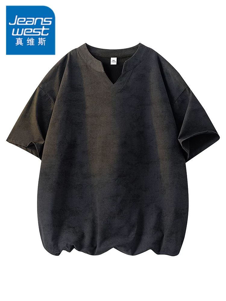Áo thun nam cổ nửa mở kiểu Mỹ của Jeanswest, chất liệu lụa băng, cảm giác cao cấp mùa hè, dáng rộng, thoáng khí, thân thiện với làn da, tay áo năm phần tư.