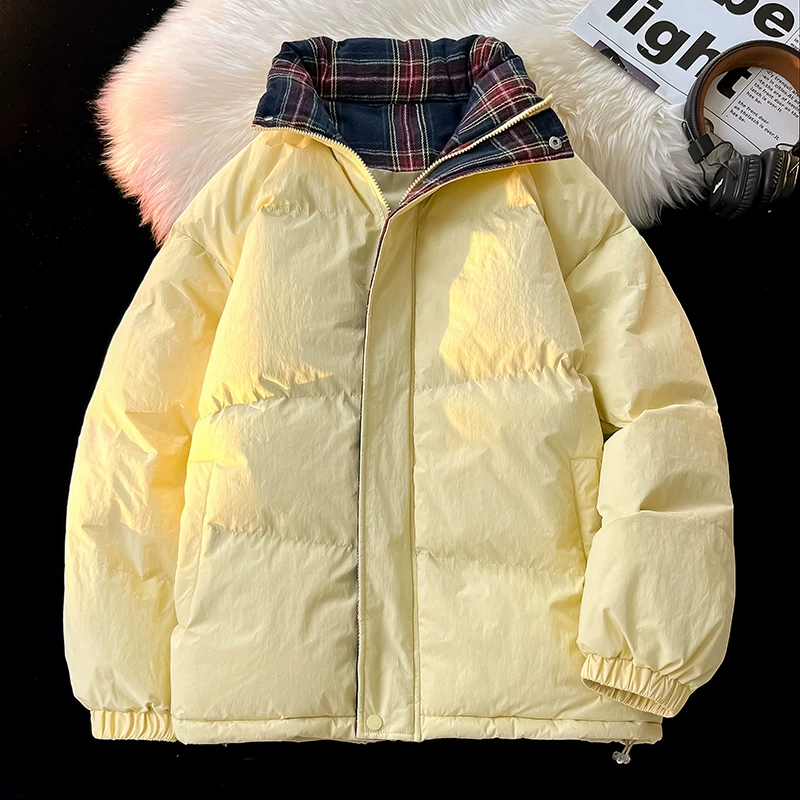 Áo khoác cotton cổ đứng kẻ sọc phối màu của Jeanswest dành cho nam, áo khoác cotton dày mùa đông, áo khoác phao, áo khoác ngoài bằng cotton.