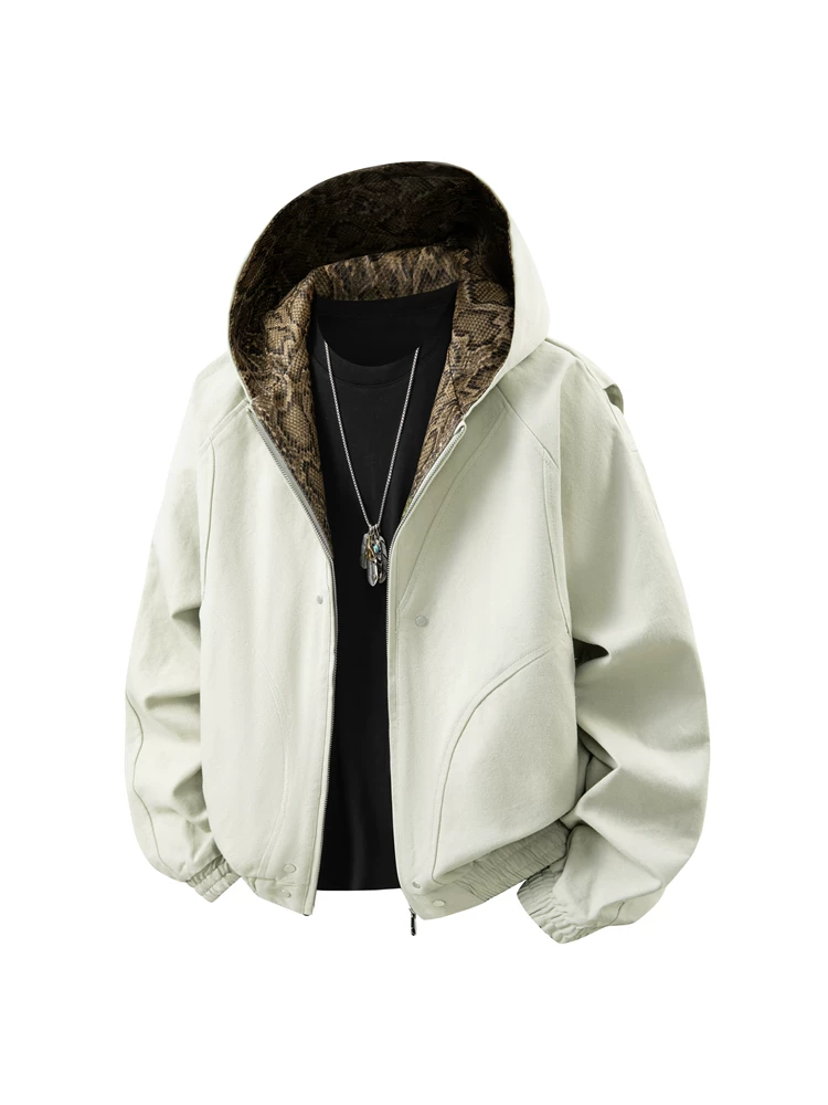 Áo khoác parka in họa tiết python của Jeanswest dành cho nam giới mới mùa xuân và mùa thu có mũ trùm đầu phong cách đường phố cao cấp