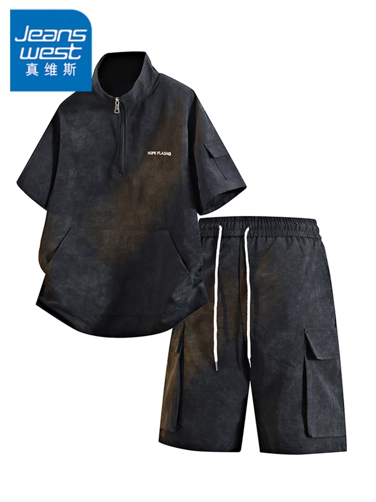 Bộ áo thun nam cổ đứng, nửa khóa kéo, họa tiết tie-dye phong cách Mỹ của Jeanswest, bộ hai món cao cấp, rộng rãi, thoải mái mùa hè.