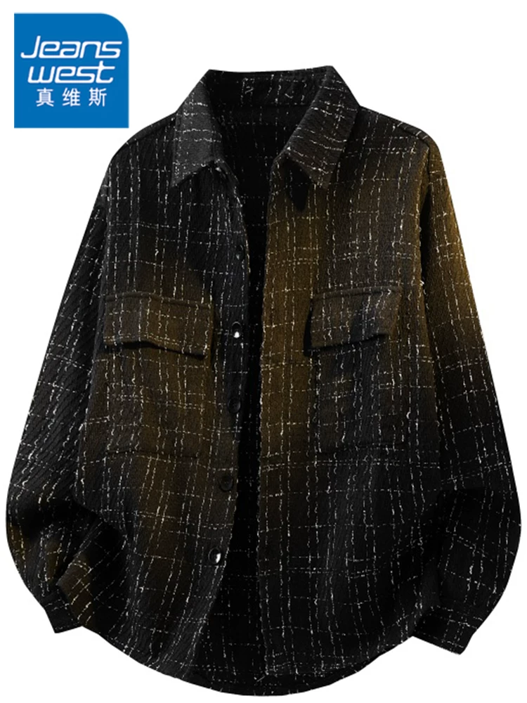 Áo sơ mi kẻ sọc phong cách Mỹ của Jeanswest dành cho nam, mùa xuân thu, thương hiệu thời thượng cao cấp, áo khoác dáng rộng đa năng.