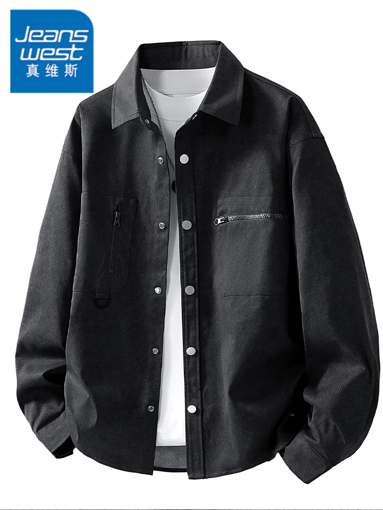 Áo khoác denim kiểu Mỹ của Jeanswest dành cho nam, mùa xuân thu, thương hiệu thời trang cao cấp, áo khoác đen dáng rộng thoải mái.