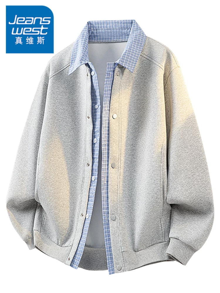 Áo khoác nam Jeanswest giả hai lớp, phối họa tiết ca rô, kiểu dáng cổ điển, chất liệu cao cấp, dáng rộng, đa năng, thích hợp cho mùa xuân và mùa thu.