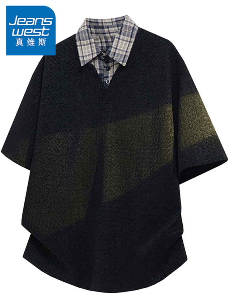 Áo thun cổ bẻ giả hai mảnh kiểu Mỹ của Jeanswest dành cho nam, kiểu dáng rộng rãi thoáng khí mùa hè, hợp thời trang, mang lại cảm giác cao cấp, tay ngắn.