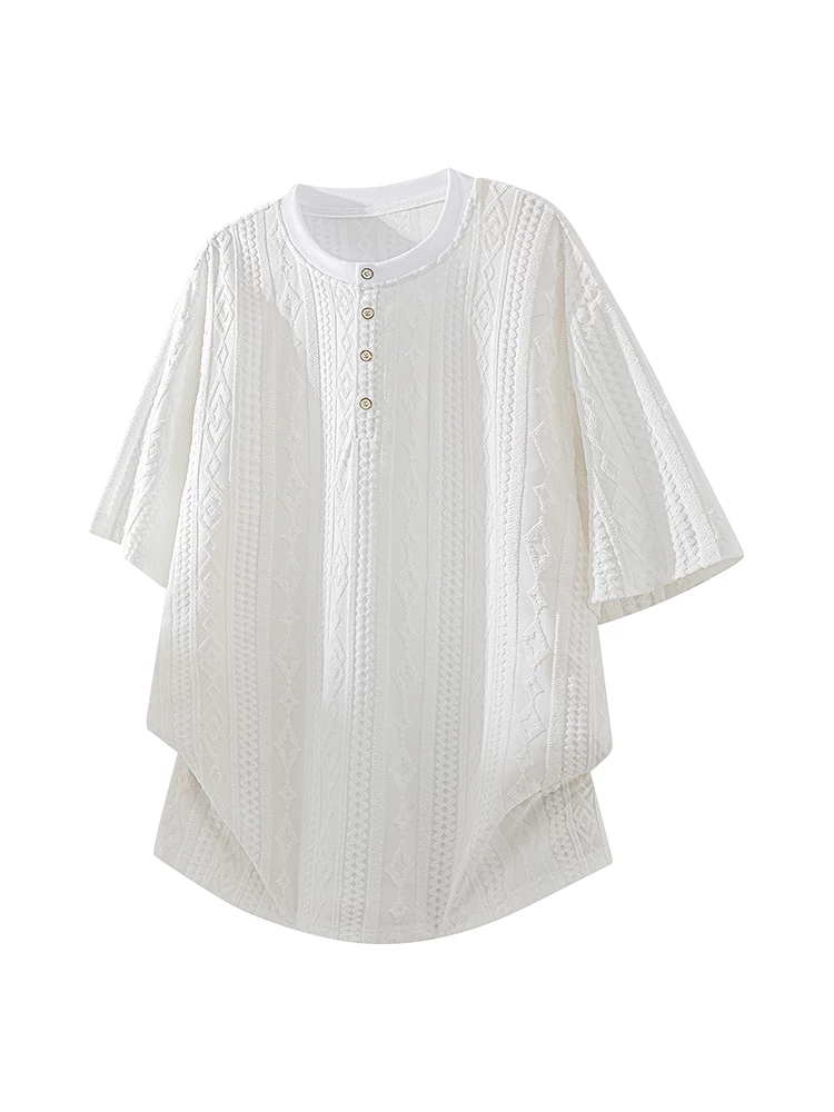 Áo thun ngắn tay cổ tròn cài nút kiểu Mỹ của Jeanswest dành cho nam, mùa xuân hè, áo màu đen dáng rộng thoải mái.