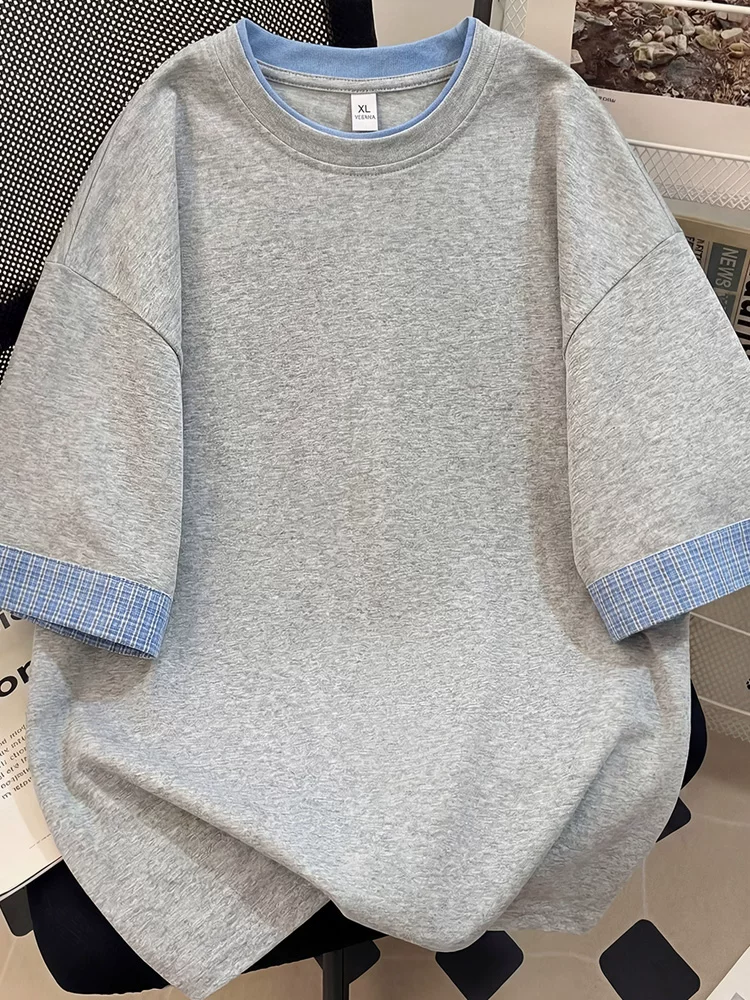 Áo thun cổ tròn giả hai mảnh phối màu phong cách Mỹ của Jeanswest dành cho nam, áo thun ngắn tay thoáng khí, thân thiện với làn da, dáng rộng, mát mẻ, mùa hè.