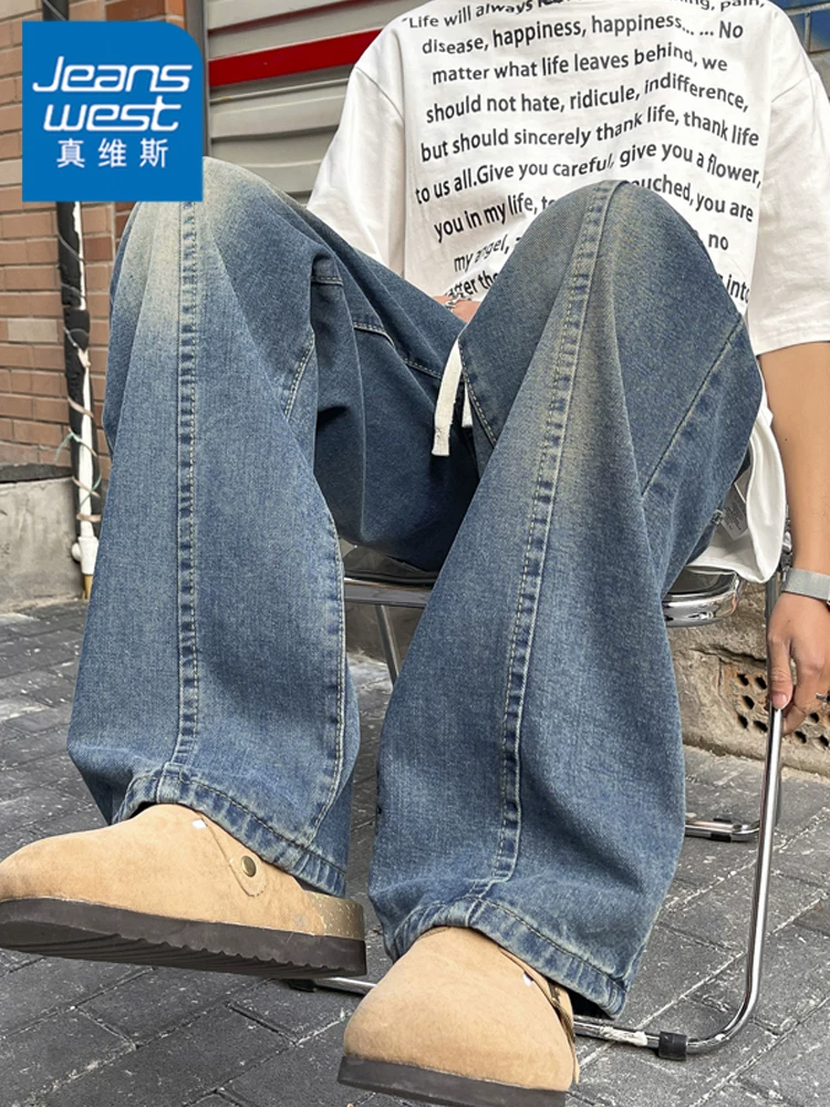 Quần jeans nam Jeanswest phong cách Mỹ cổ điển, thời thượng, chất liệu cao cấp, dáng rộng, giặt mài, có dây rút, quần dài, thích hợp cho mùa xuân và mùa thu.