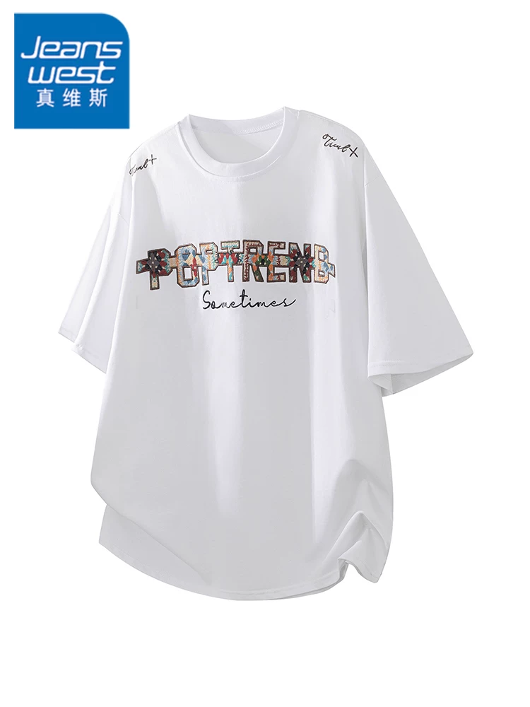 Áo thun nam Jeanswest in chữ phong cách Mỹ 100% cotton, mùa xuân hè, cao cấp, dáng rộng, thoáng khí, tay ngắn.