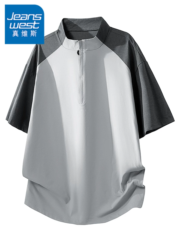 Áo thun nam Jeanswest kiểu Mỹ, nửa khóa kéo, phối màu, dáng rộng mùa hè, chất liệu cao cấp, thoáng khí, thân thiện với da, tay ngắn.