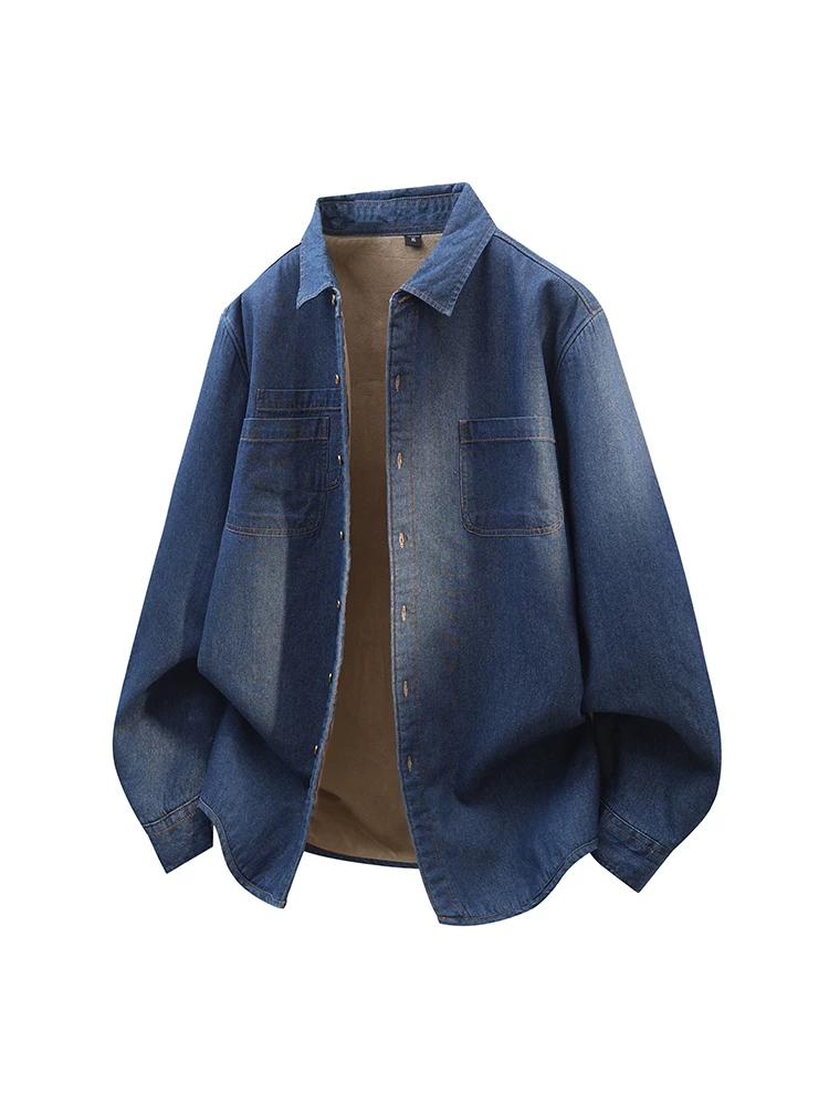 Áo sơ mi denim cổ điển của Jeanswest dành cho nam mùa thu đông, áo khoác thường ngày rộng rãi có lót lông cừu