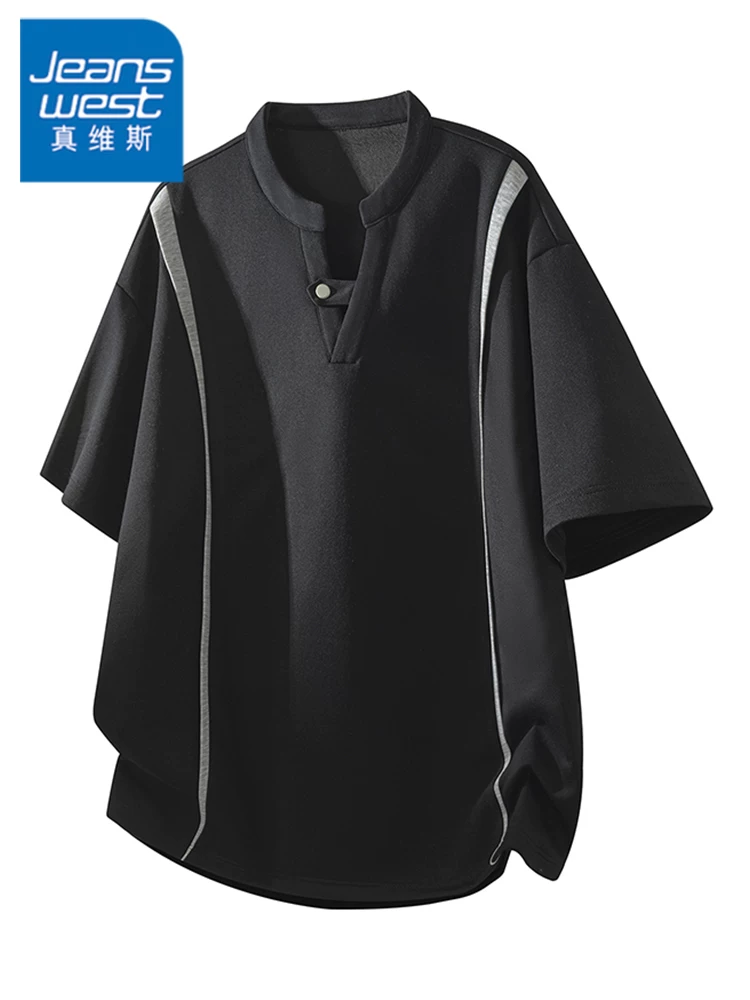 Áo thun nửa tay phối màu cao cấp của Jeanswest dành cho nam, áo thun màu đen dáng rộng, phong cách thường ngày, hợp thời trang mùa xuân hè.